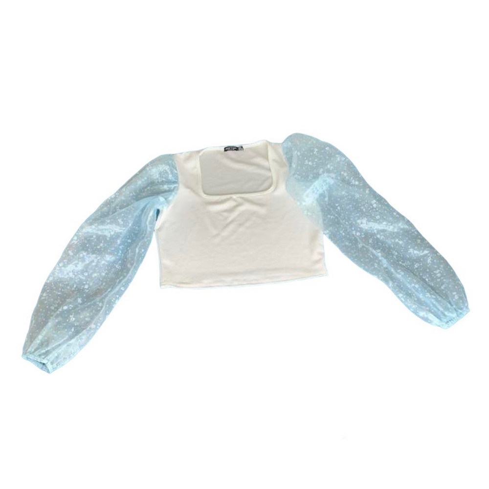 Nasty Gal White & Blue Puff Sleeve Crop Top